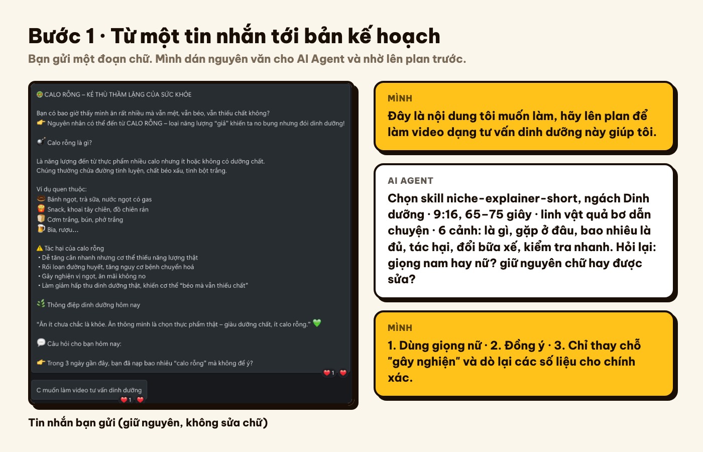 Tin nhắn bạn gửi và lượt trao đổi đầu tiên với AI Agent để lên plan