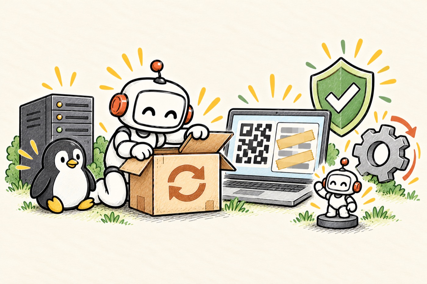 Robot nhận gói cập nhật, màn hình laptop có mã QR và thông tin bị che, khiên bảo vệ, chim cánh cụt cạnh máy chủ