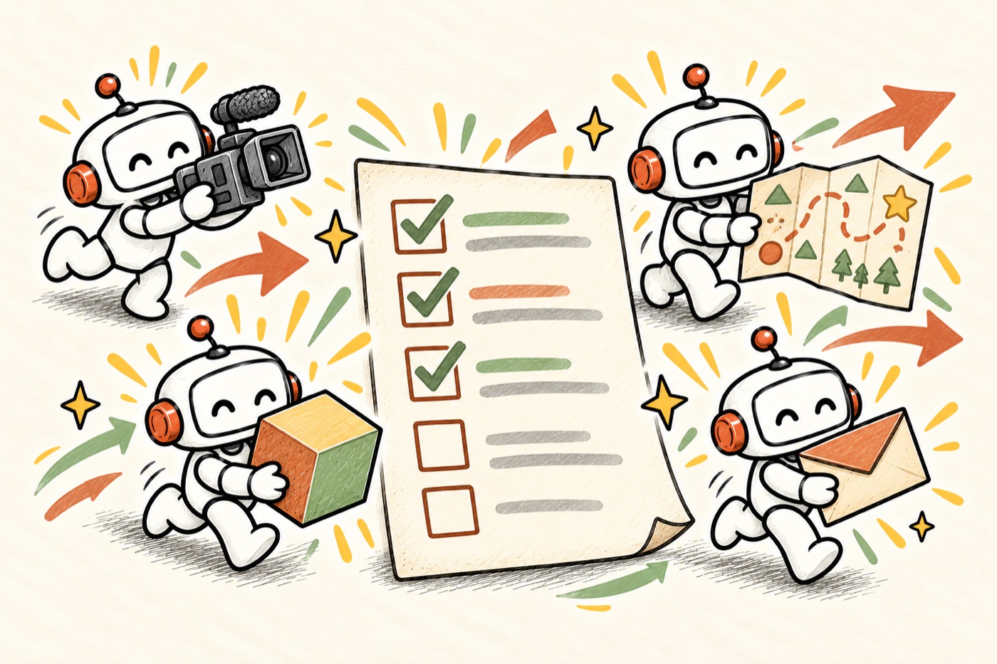 Tờ checklist lớn với các ô đã tick, các robot cầm máy quay, khối 3D, bản đồ và phong bì