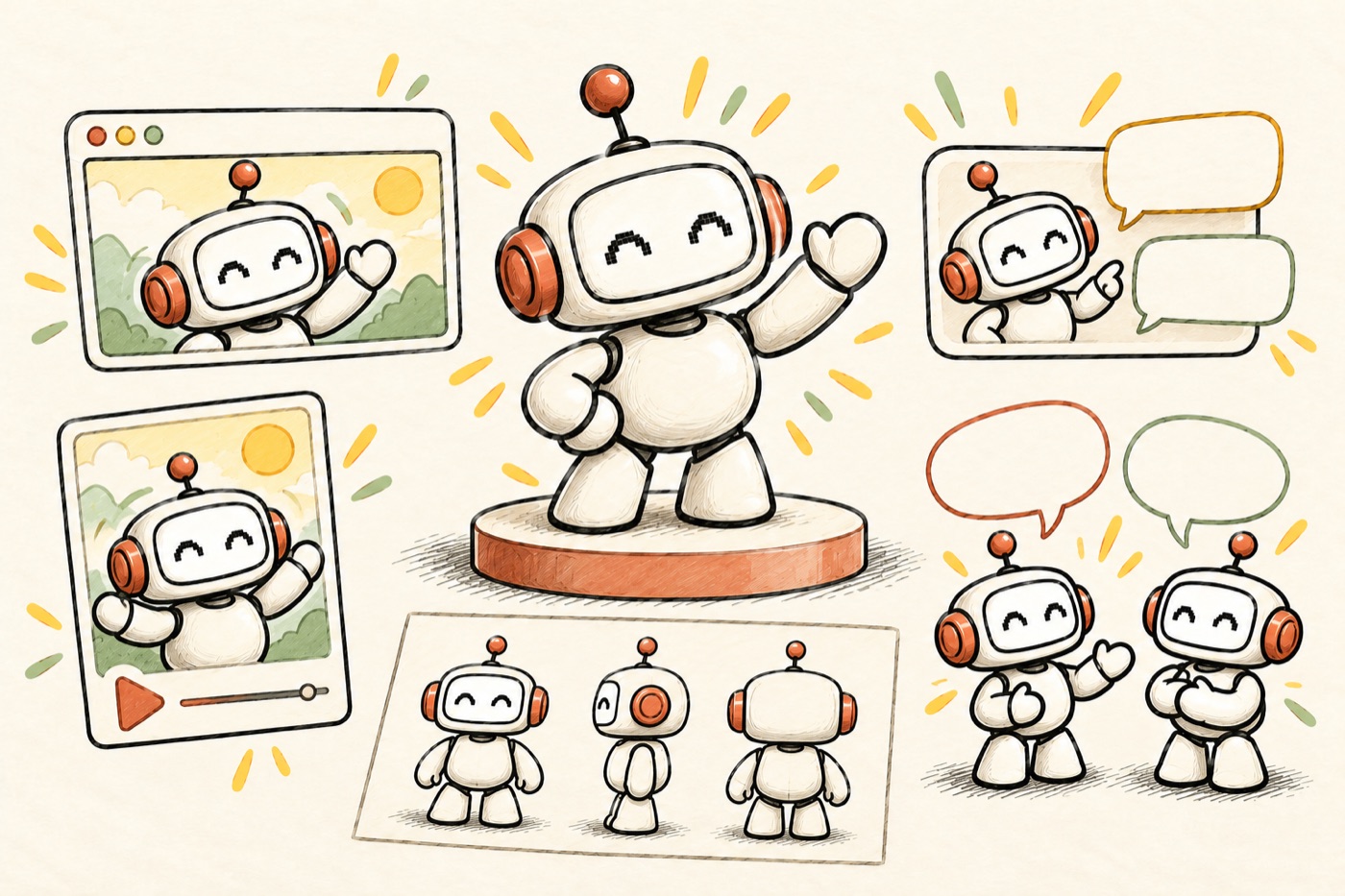 Robot mascot 3D đứng trên bệ xoay, xung quanh là phiên bản của nó trên website, khung chat, video dọc và tờ character sheet