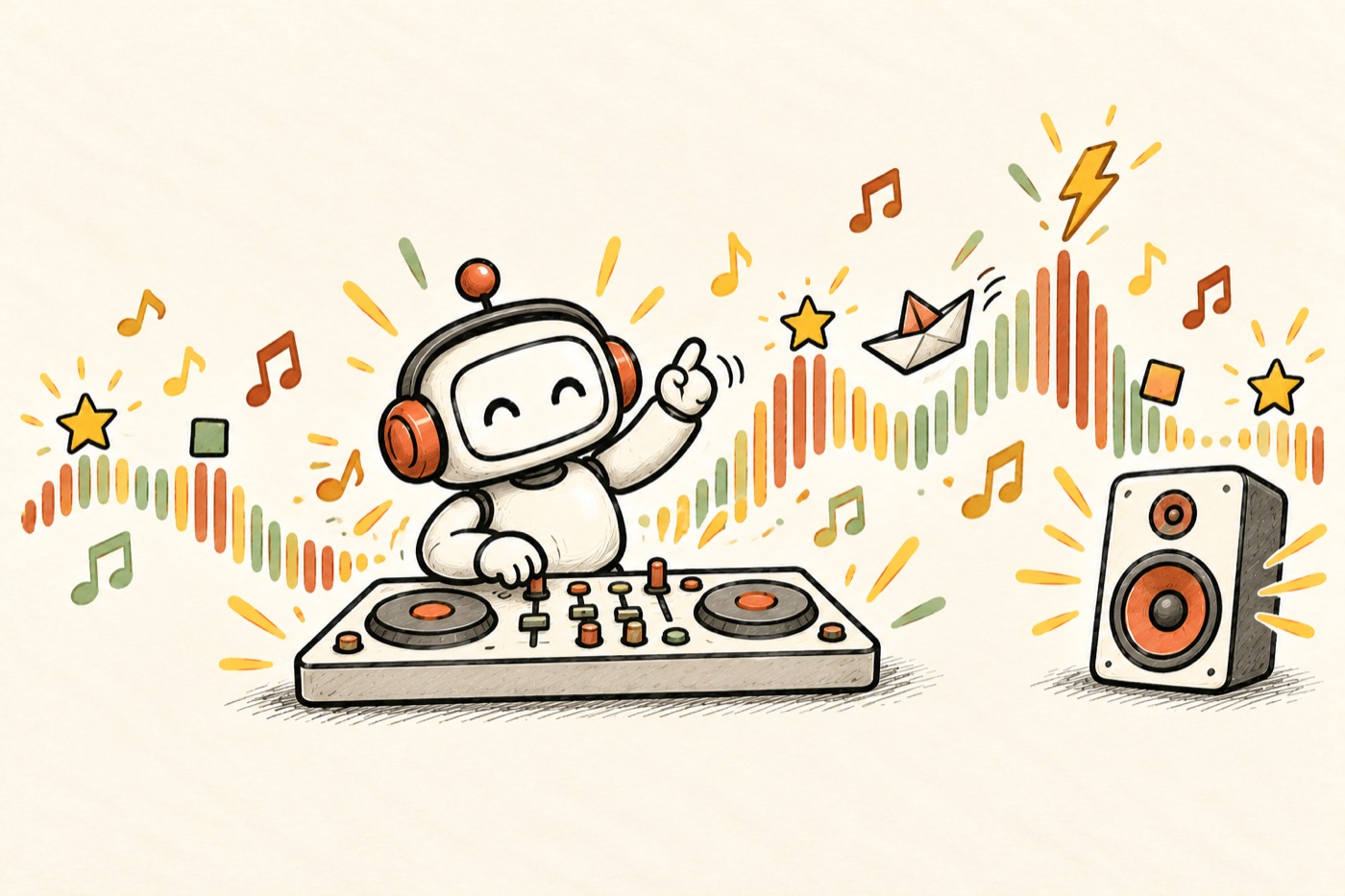 Robot DJ bên bàn trộn âm, sóng nhạc với các cột beat, ngôi sao và khối hình rơi đúng nhịp, con thuyền giấy lướt trên sóng